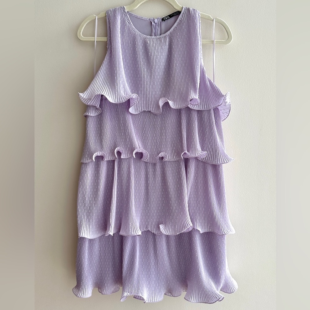 ZARA Tiered Ruffle Curled Hem Mini Dress, Lilac Purple, Size Medium